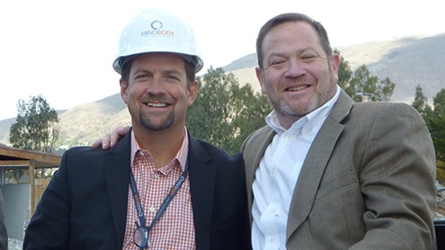 Mindbody CEO Rick Stollmeyer, left, and San Luis Obispo County Supervisor Adam Hill at an Oct. 29 groundbreaking for the software firm's new $20 million campus. (Henry Dubroff / Business Times photo)