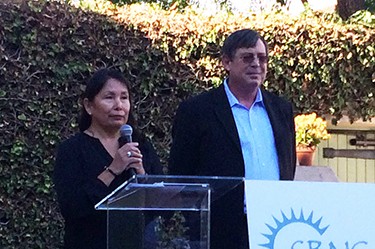 Trula Breuninger, CEO of Santa Barbara Neighborhood Clinics, left, and Mark Palmer, president of the board at a Nov. 21 press conference to discuss the nonprofit's progress since declaring a financial emergency in May. (Business Times photo)