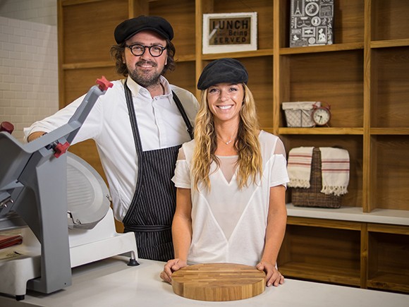 Frederic and Dana Blaudeau, managers of  The Culture Counter in their soon-to-open space in the Santa Barbara Public Market. Their shop sells cheese, charcuterie and other artisan foods from around the world. (Nik Blaskovich / Business Times photo)