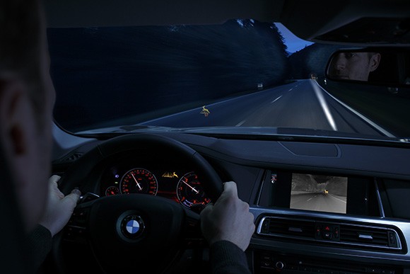 The night-vision system produced by Autoliv in Goleta highlighted in BMW promotional materials. The automakers cars alert drivers of nearby pedestrians and animals in four ways: an infrared display, the intstrument panel, the heads-up display and a spotlight. (Photo courtesy Autoliv)