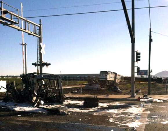 The site of the crash on the morning of Feb. 24. Investigators say a Ford F-450 was driving on the tracks before colliding with the passenger train. (Photo courtesy of Oxnard Fire Department)