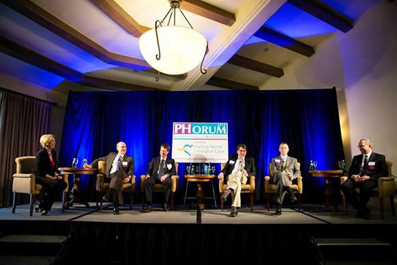 PHorum moderator Lynda Tanner, president and CEO of Visiting Nurse & Hospice Care, left, with panelists Kurt Ransohoff, Bob Freeman, Fred Kass, Steven Fellows and Michael Bordofsky. (Courtesy photo)