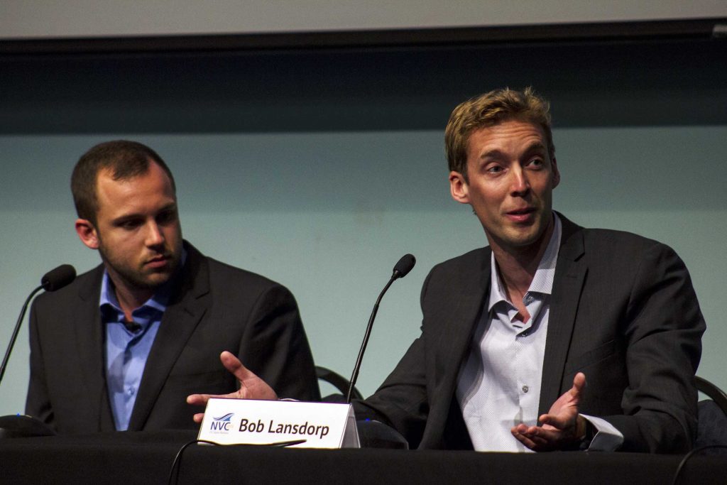 Daniel Imberman (left) and Bob Lansdorp are a part of the Milo team that created an electronic wristband that processes sweat to monitor blood alcohol level. Milo took home a total of $20,000 at the UCSB New Venture Competition Thursday evening.