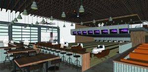 An interior rendering shows bowling lanes on the ground floor and mezzanine levels. 