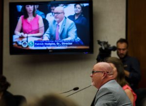 Patrick Hodgins, director of safety and security for Plains All American Pipeline, answers questions about the Refugio oil spill at the Santa Barbara County Board of Supervisors hearing room Friday. (Alex Kacik)