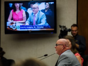 Patrick Hodgins, director of safety and security for Plains All American Pipeline, answers questions about the Refugio oil spill at the Santa Barbara County Board of Supervisors hearing room Friday. (Alex Kacik)