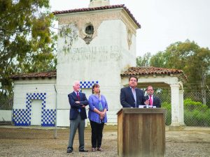 Ty Warner representatives and city of Goleta leaders gathered near Sandpiper Golf Course on Thursday to announce the donation of the Barnsdall-Rio Grande Gas Station. From left: Jim Farr, Goleta Mayor Paula Perotte, Ty Warner Project Manager Bill Medel and Councilmember Roger Aceves.