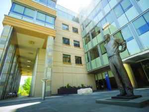 Amgen co-founder William K. Bowes Jr. stands watch over the Thousand Oaks campus.