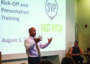 Ernesto Paredes, chief energy officer for Fast Pitch SB and executive director of Easy Lift Transportation, spoke with nonprofit participants at the Fast Pitch SB kickoff Aug. 5.