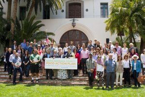 Authors and supporters of the Santa Barbara County Food Action Plan gathered at the Santa Barbara Courthouse's Sunken Gardens on May 24. (Alex Kacik)